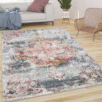 Tapis de salon poils ras vintage esth�tique orientale abstrait grau rouge jaune 200 cm rond - paco home ...