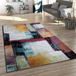 Paco home - tapis de salon poils ras g�om�trique vintage cr�me rouge mauve jaune turquoise 80x150 cm
