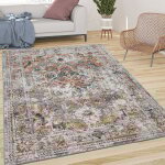Tapis salon poils ras vintage orient ornements bordure blanc cass� gris rouge 60x100 cm - paco home