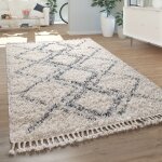 Paco home tapis salon shaggy poils longs moderne carreaux losanges motif cr�me bleu 80x150 cm
