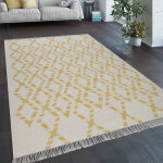Paco home tapis de salon style boh�me franges tiss� � la main m�lange laine - coton jaune 60x110 cm