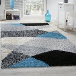 Paco home tapis shaggy longues m�ches hautes motifs gris noir blanc turquoise 70x250 cm