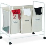 Panier  linge 3 compartiments, 100 litres corbeille 3 bacs sac a linge roulettes, 76 x 80 x 46cm, beige ...
