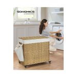 Panier � linge avec couvercle, 160l, corbeille linge sale tress�, avec roulettes, 3 compartiments, sac ...