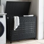 Vidaxl ? panier � linge avec roulettes ? dimensions 66x35x60 cm ? mat�riau rotin et acier ? 3 compartiments ...