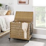 Panier � linge tiss� � la main, corbeille � linge imitation rotin, mobile, 3 compartiments de tri, couvercle, ...