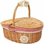 Panier de pique - nique en osier tress� avec couvercle - style campagnard avec doublure en coton rouge ...