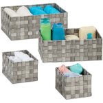 Panier tress� rangement, lot de 4, salle de bain, rectangulaires, 3 tailles, plastique, gris - relaxdays ...