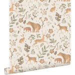 Estahome - papier peint for�t avec des animaux de la for�t blanc cass� et beige