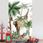 Papier peint intiss� for�t tropicale panoramique, animaux de la jungle, illustration et photo, 250 cm ...