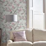 Papier peint intiss� � motif fleurs d'�glantine ? 1005 x 52 cm ? vert p�le, rose ? raccord saut� 53 cm ...