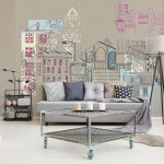 Plage - papier peint intiss trompe l'oeil 270x250 cm - petite ville stylise - peinture sur toile gante ...
