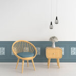 Papier peint panoramique, bleu toile de jouy bleue, effet trompe l'oeil, boiseries soubassement, 70 cm ...