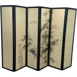Paravent bois noir et bambou avec motifs vegetaux 6 pans, h 175 x l 240 cm - pegane -