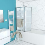 Aurlane - pare baignoire relevable 139x105cm avec volet - verre transparent avec bande depolie