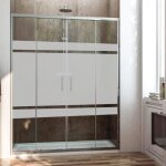 Paroi de douche frontale avec ouverture centrale. 2 panneaux fixes avec 2 portes coulissantes en verre ...