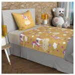 Parure de draps 180x290 cm licornes jaune, 100% coton 57 fils / cm2, par soleil d'ocre