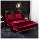 Parure de lit 4 pi�ces en satin de soie avec drap - housse, drap plat, taie d'oreiller, respirante, douce ...