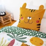 Parure de lit enfant r�versible lion vert et jaune housse de couette 140x200cm + 1 taie d'oreiller 63x63cm ...