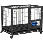 Pawhut - cage pour chien sur roulettes 2 portes verrouillables - support gamelle, plateau amovible - ...