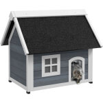 Niche maison pour chat - porte à lamelles, fenêtre plexiglas, toit bitumé ouvrant, 3 portes - bois gris ... Niche maison pour chat - porte à lamelles, fenêtre plexiglas, toit bitumé ouvrant, 3 portes - bois gris ...