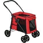 Poussette pliable pour chien chat 4 roues 3 pochettes rangement coussin acier oxford rouge