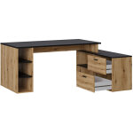 Pegane - bureau d'angle en mlamine coloris imitation chne rustique / noir - longueur 183 x profondeur ...