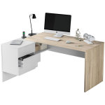 Pegane ? bureau droit avec caisson 3 tiroirs ? m�lamine ch�ne canadian et blanc ? dimensions 73 x 145 ...