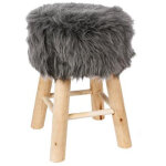Tabouret en pin et polyester, imitation fourrure grise - dim : l. 30 x l. 30 x h. 42 cm pegane