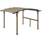 Pergola avec comptoir toit arche alu acier aspect bois noir toile grège Pergola avec comptoir toit arche alu acier aspect bois noir toile grège