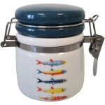 Petit pot herm�tique � sel en fa�ence avec cuill�re en bois