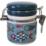 Petit pot herm�tique � sel en fa�ence avec cuill�re en bois