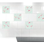 Sticker carrelage adhsif 15x15 cm, 6 pices, dcoratif autocollant, 3 flamants roses tons verts et ros ...