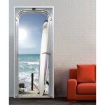 Plage - sticker porte, trompe l'oeil planche sur ponton front de mer sous un ciel radieux, 204 cm x 73 ...