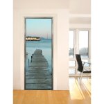 Plage - sticker porte, trompe l'oeil vue sur un ponton avec cabane au bord de mer voilier, 204 cm x 73 ...