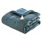 Atmosphera ? dessus de lit velours 80x180cm bleu ? design matelass� avec pompons ? polyester facile � ...