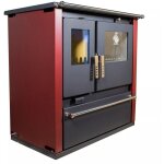 Po�le � bois de cuisine verso cs plus - 7, 7 kw avec four en inox et panneaux lat�raux peints en bordeaux, ...