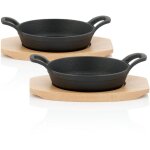 Po�lons en fonte avec dessous en bois (2 pi�ces) � 16 cm d�j� culott�s - preseasoned - bbq - toro