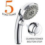 Pommeau de douche chrom� avec bouton stop douchette � main 5 jets au choix pomme de douche picots anticalaire ...