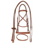 Pony, marron fonc�: bride anglaise en cuir sup�rieur avec frontal arrondi et r�nes en caoutchouc.