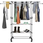 Portant � v�tement, avec 3 niveaux �tag�res � chaussures, double perche t�lescopique haloyo avec roulettes, ...