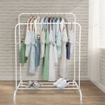 Portant à vêtements avec étagères à chaussures, porte - manteaux à deux pôles, penderie métallique pour ... Portant à vêtements avec étagères à chaussures, porte - manteaux à deux pôles, penderie métallique pour ...