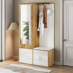 Porte - manteau avec miroir, rangement pour chaussures, banc avec pat�res et penderie escamotable, blanc ...