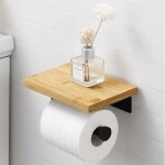 Porte papier toilette noir adh�sif avec etag�re bambou porte rouleau porte papier toilette mural sans ...
