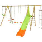 Portique bois et m�tal 2, 30m 2 balan�oires, 1 �chelle de corde, 1 face a face, 1 trapeze anneaux et ...