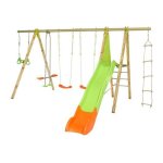 Portique bois et mtal 2, 30m 2 balanoires, 1 chelle de corde, 1 face a face, 1 trapeze anneaux et ...