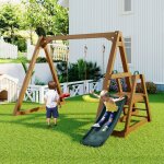 Portique enfant 238. 5 x 240 x 168. 9 cm avec balanoire double et toboggan, chelle d'escalade, bois ...