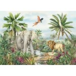 Poster intiss� - animaux de la jungle en couleur - lion, �l�phant, perroquet - 155 x 110 cm