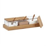 Pots � �pices, lot de 3, bocaux avec cuill�re et couvercle, plastique, bambou, plateau, cuisine, transparent ...