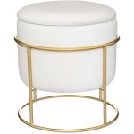 Pouf et coffre de rangement en velours blanc ivoire et support en m�tal d 42 x h 44 cm - atmosphera